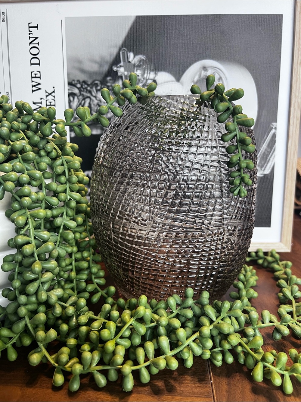 Smoky Gray Textured Glass Vase with Green Accent